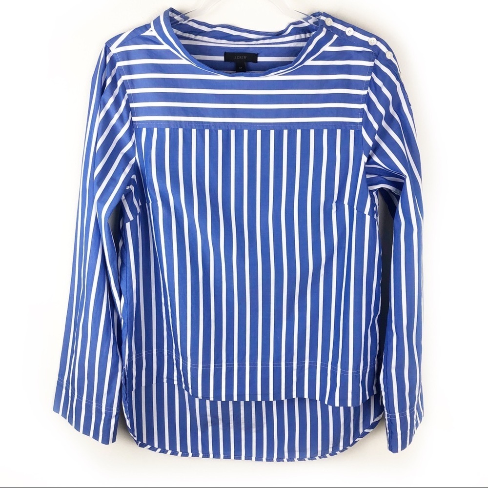 J. Crew- Funnelneck Sripe blouse with shirttail blue & white stripes size 6 Tall